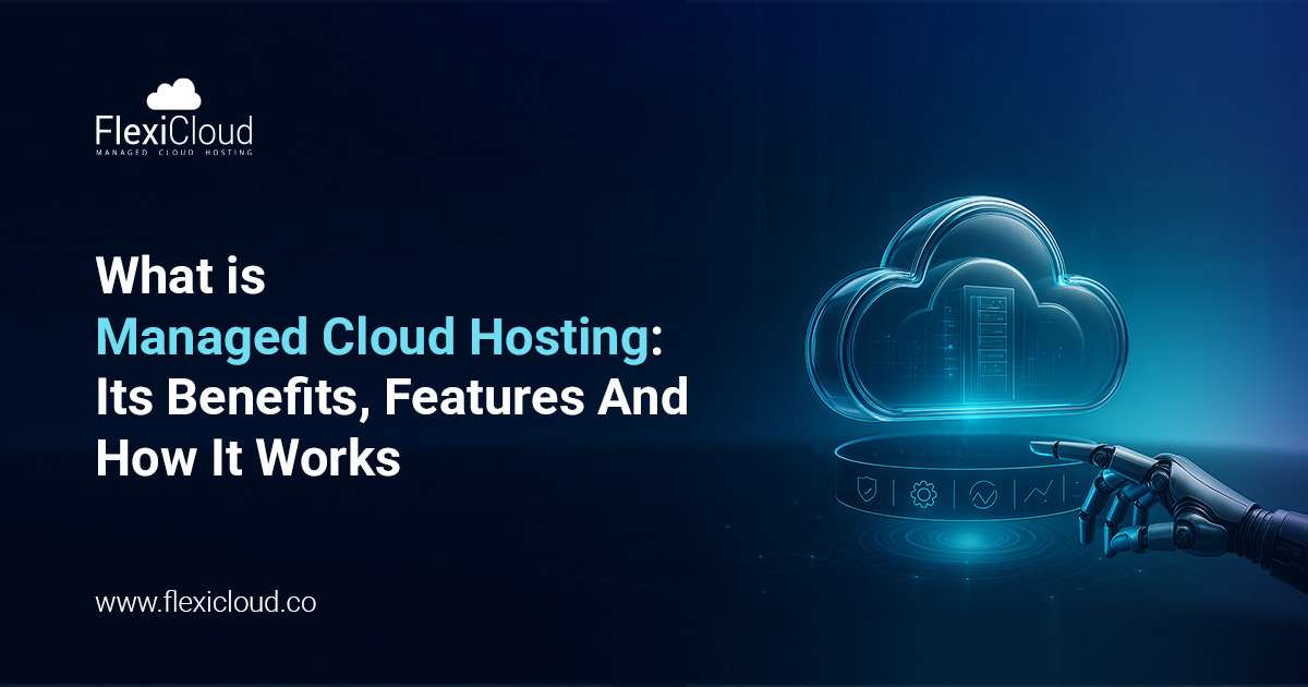 illustration showing a robotic hand interacting with a digital cloud server, representing managed cloud hosting, automation, and server management.