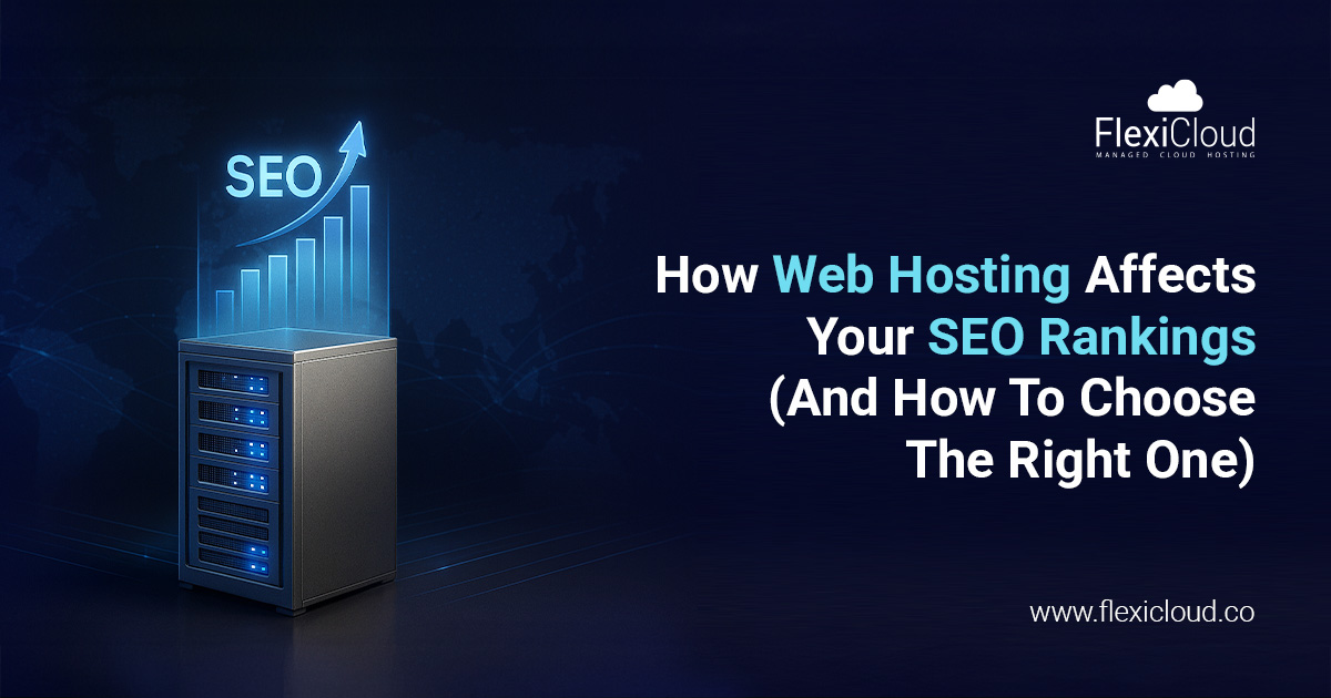Illustration showing how web hosting affects website SEO rankings through speed, uptime, and performance